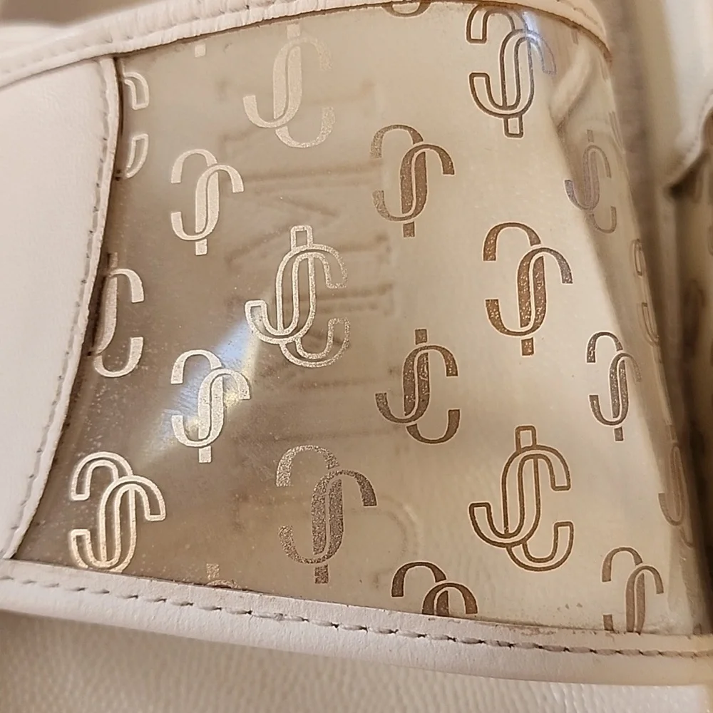 Jimmy Choo Womens White Slide Sandals With Clear Gold JCs Size 9 Preowned - Picture 2 of 12